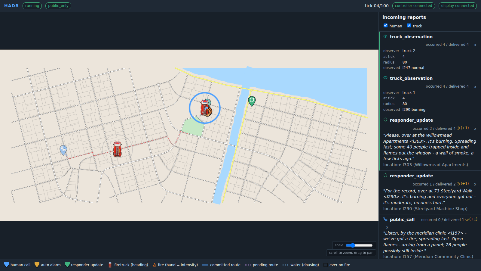The HADR field display mid-episode: a fire truck en route to a burning building while human calls stream into the reports feed