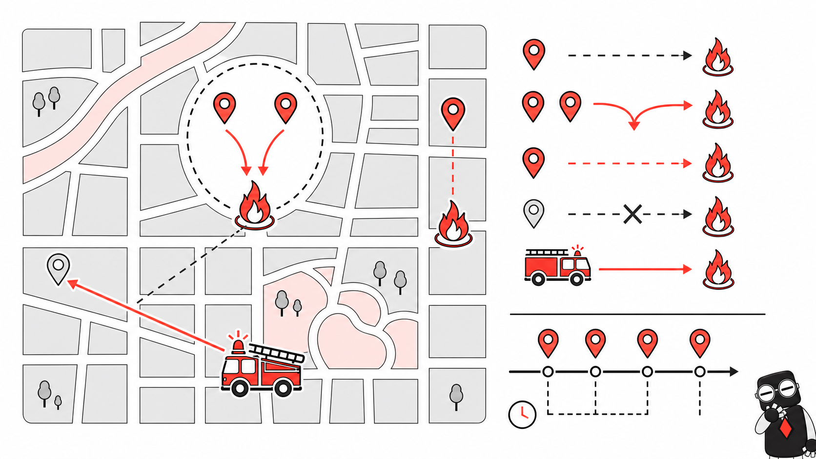 Reports matched to incidents by distance and time, with truck vision correcting a wrong match