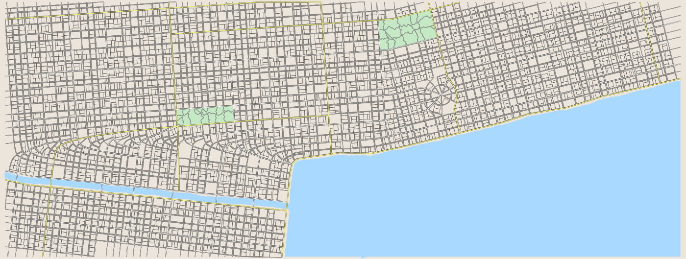 Map of Feeladelphia: a vast street grid along a south-east waterfront, crossed by a canal