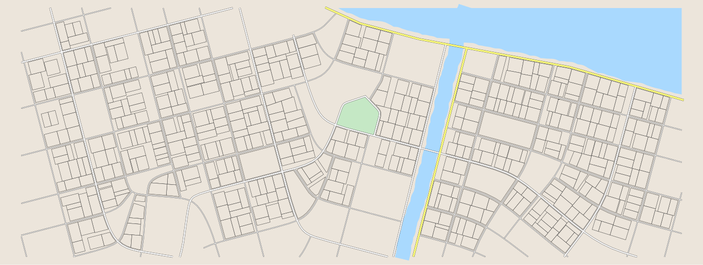Map of Londone: crooked lanes around a green, a river across the north-east, and a canal through the middle