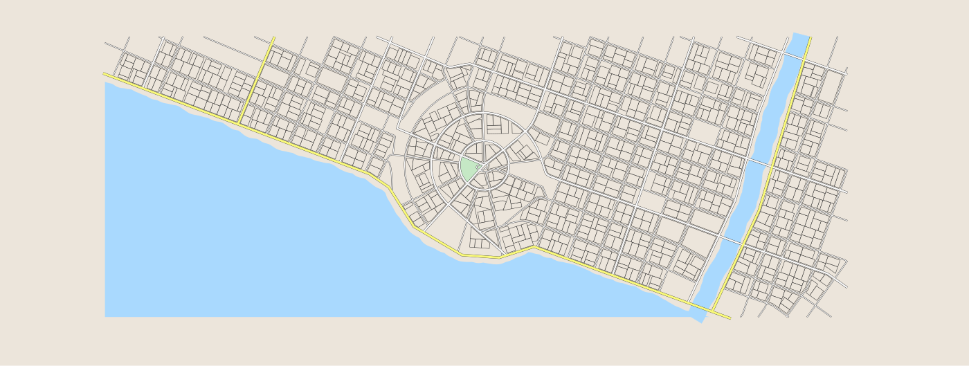 Map of Stockhome: a radial old-town core ringed by grid districts, wrapped around a bay