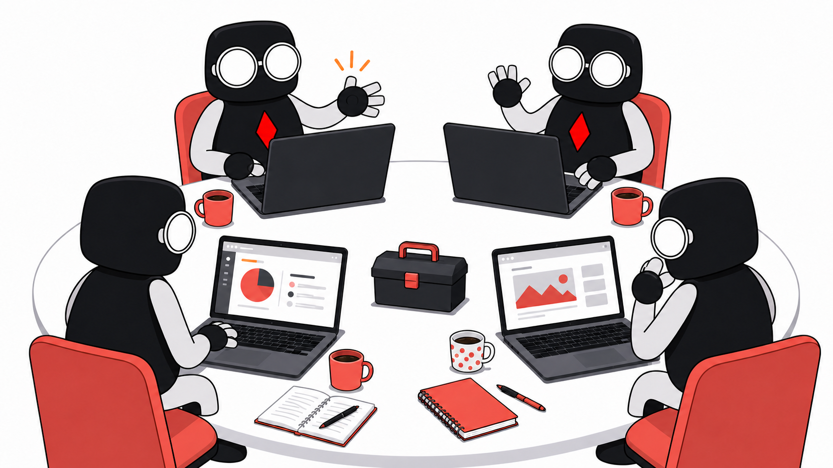A team collaborating around a shared workstation